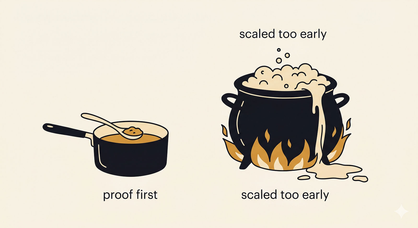 Two side-by-side pots, a small one with a single tasted spoonful marked ‘proof first,’ and a massive cauldron overflowing and burning, marked ‘scaled too early.’ Simple flat illustration.